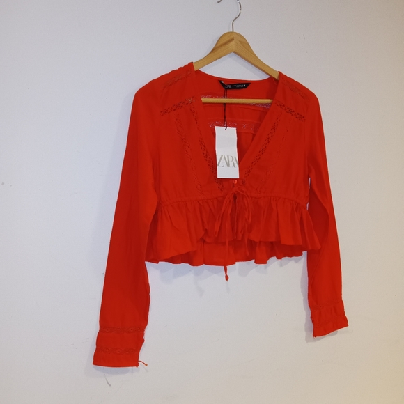Zara NWT Flaw Dark Orange Cropped Top Eyelet Ruffle Cottagecore Fairycore Sz XS - Picture 3 of 7